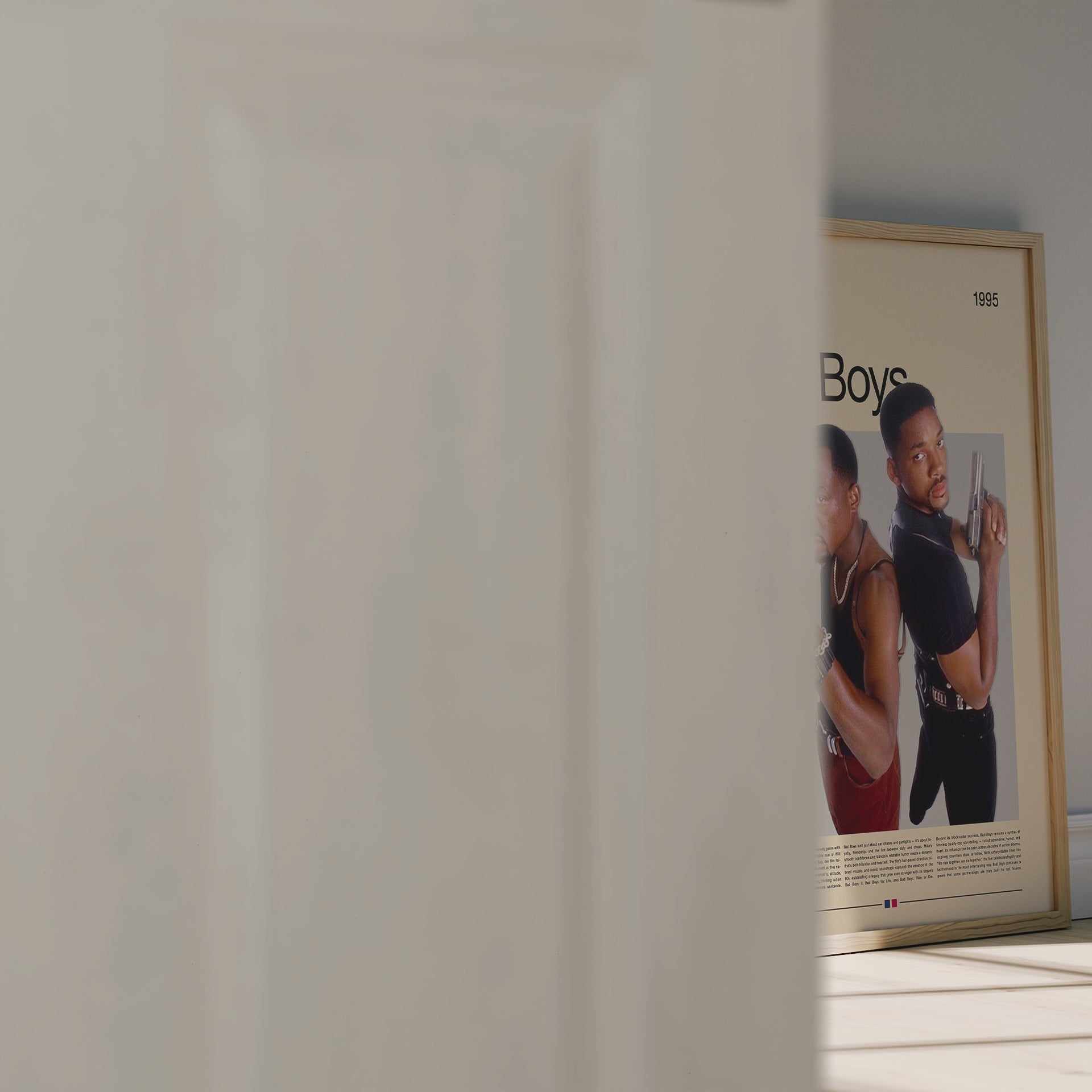 Bad Boys 3D poster featuring two detectives standing back-to-back with guns drawn, inspired by the classic 90s action movie. High-quality digital print in retro style, perfect wall art for living room, office, or movie room. Great gift for fans of action films and cinema classics.