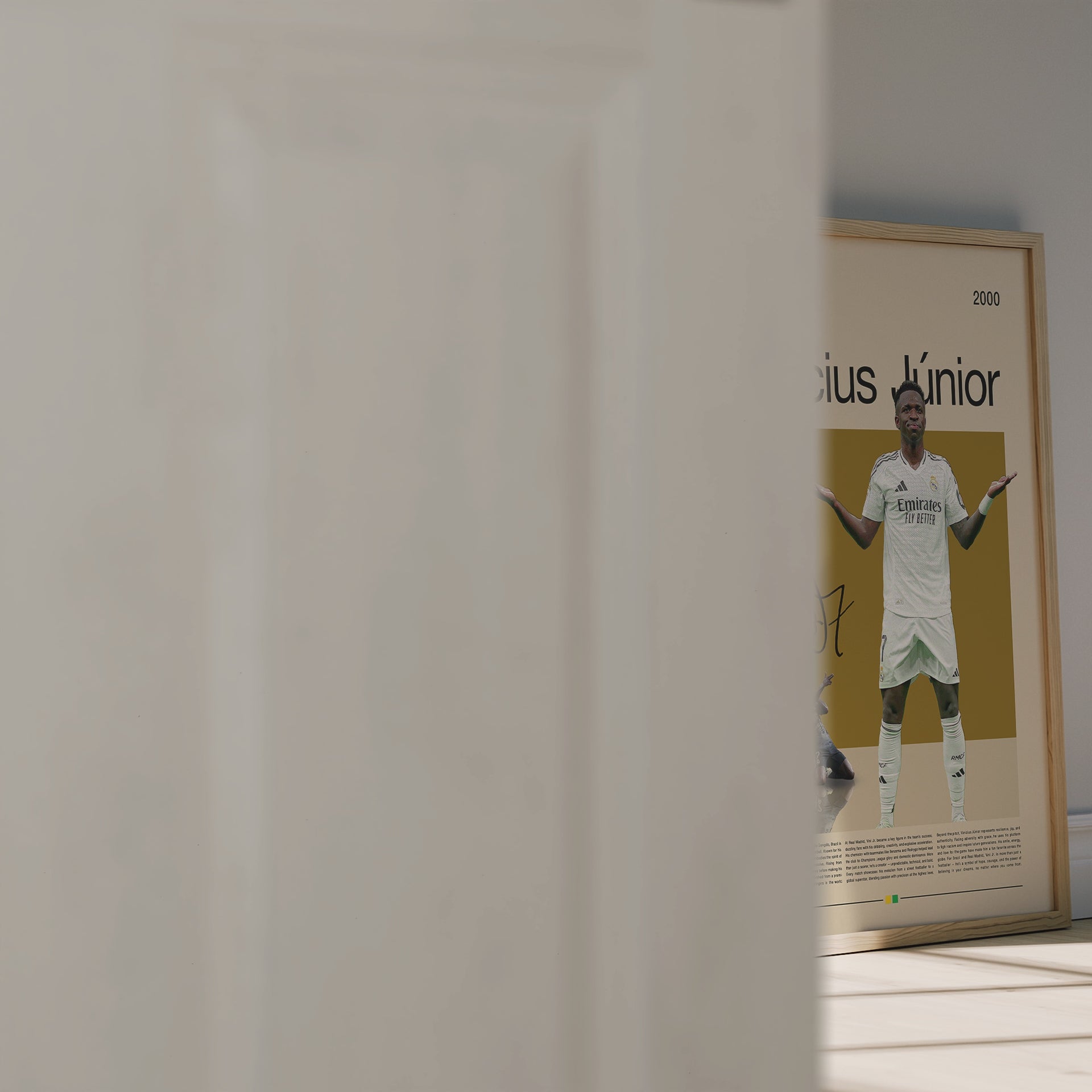 Vinícius Júnior Real Madrid football poster featuring the Brazilian superstar in a bold pose. Perfect for soccer fans, sports enthusiasts, and modern wall decor. High-quality digital artwork ideal for printing or display.