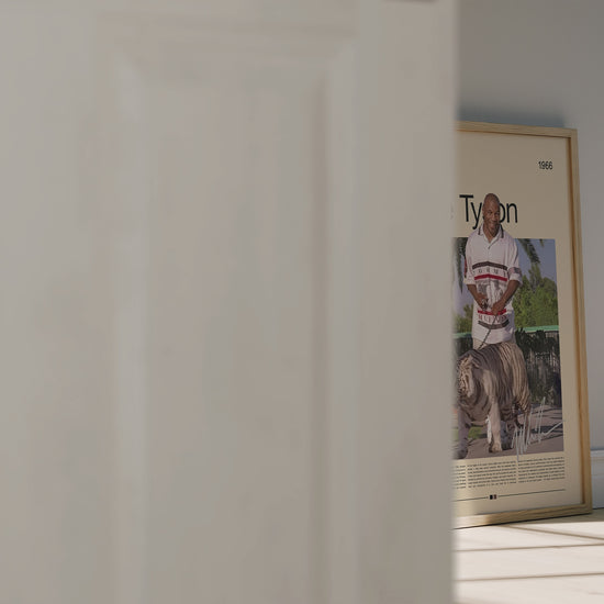 Vintage-style Mike Tyson poster featuring the legendary boxer smiling while walking a white tiger under palm trees. Minimal beige background with red, green, and white color palette. Perfect for boxing fans, collectors, and lovers of retro sports wall art and motivational decor.