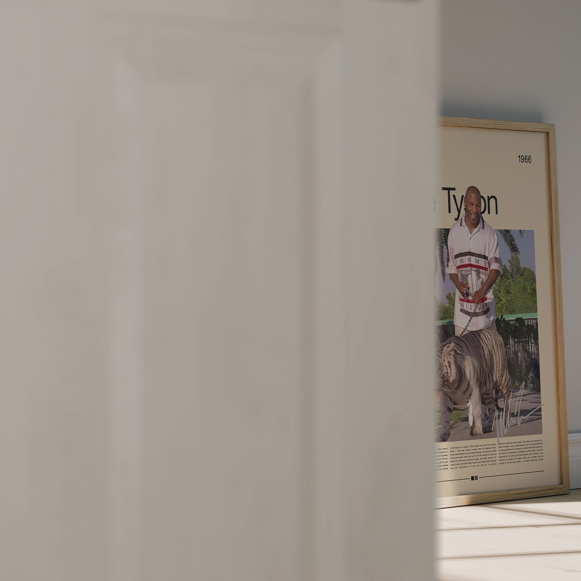 Vintage-style Mike Tyson poster featuring the legendary boxer smiling while walking a white tiger under palm trees. Minimal beige background with red, green, and white color palette. Perfect for boxing fans, collectors, and lovers of retro sports wall art and motivational decor.