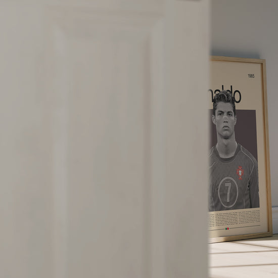 Vintage-style poster of Cristiano Ronaldo in his early Portugal national team era. Features the young athlete in a focused pose wearing the number 7 jersey, symbolizing determination, discipline, and ambition. Perfect wall decor for football fans and sports enthusiasts, printed on matte premium paper with sharp details and vibrant tones — ideal for home, studio, or office display.