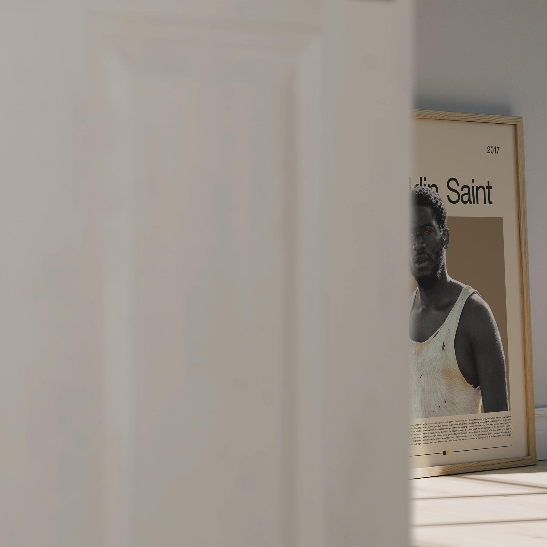 Minimalist Franklin Saint poster inspired by the TV show Snowfall. Features a bold portrait design with vintage tones, earthy color palette, and cinematic contrast. Perfect wall art for fans of TV series, urban aesthetics, and modern interiors. High-quality art print on matte paper, ideal for collectors or as a stylish home decor statement.