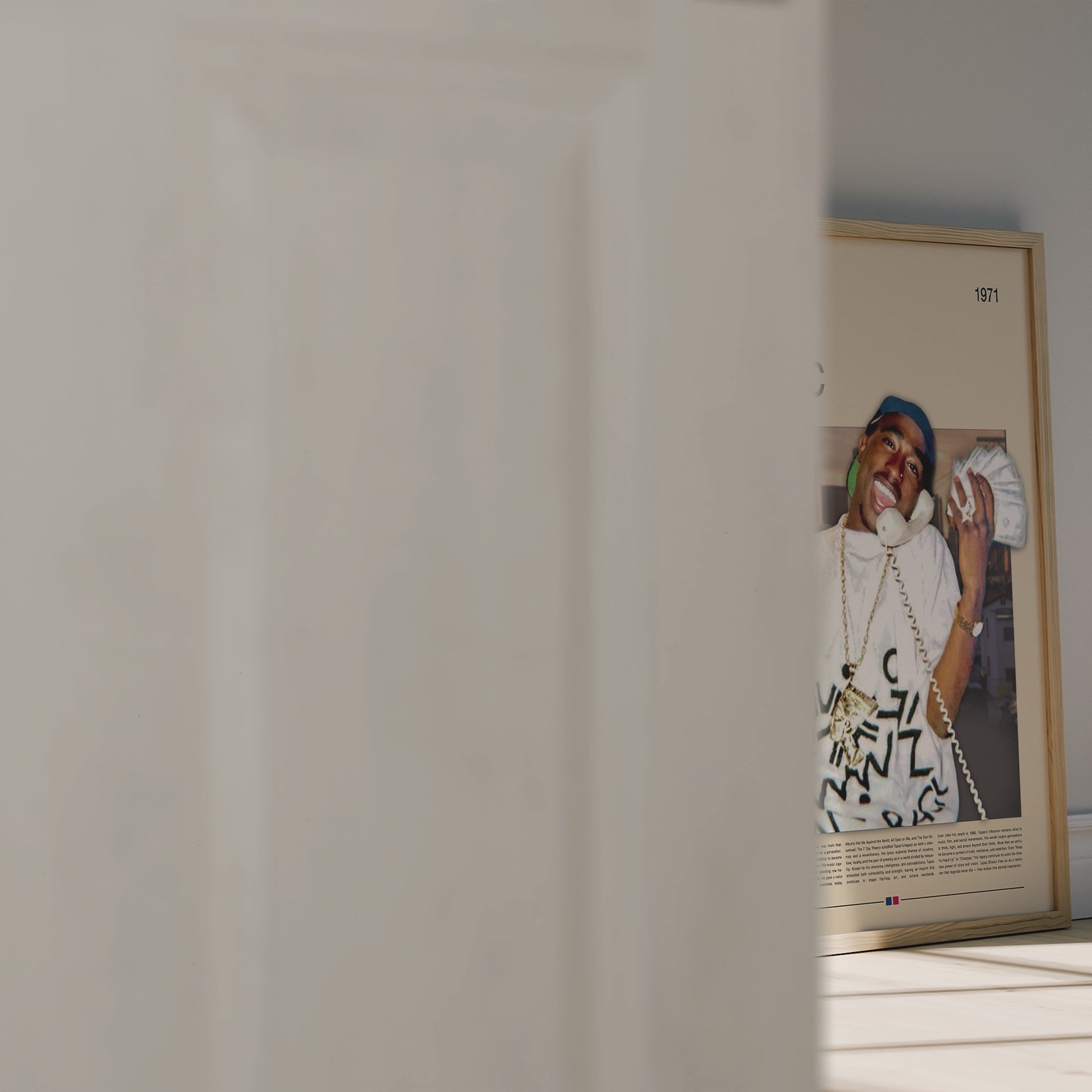 2Pac 3D poster featuring the iconic rapper Tupac Shakur in a 90s West Coast vibe. He’s holding cash and a phone with the Los Angeles skyline in the background. High-quality digital print in street-art style, perfect for living room, studio, or music room. Great gift for rap and hip-hop fans.