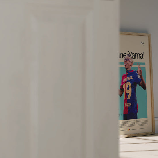 Poster of Lamine Yamal, FC Barcelona’s young football sensation, wearing the number 19 jersey. The design combines vintage tones with modern minimalism, celebrating the Spanish wonderkid’s talent, creativity, and confidence. Perfect wall art for football lovers, collectors, and sports enthusiasts worldwide.
