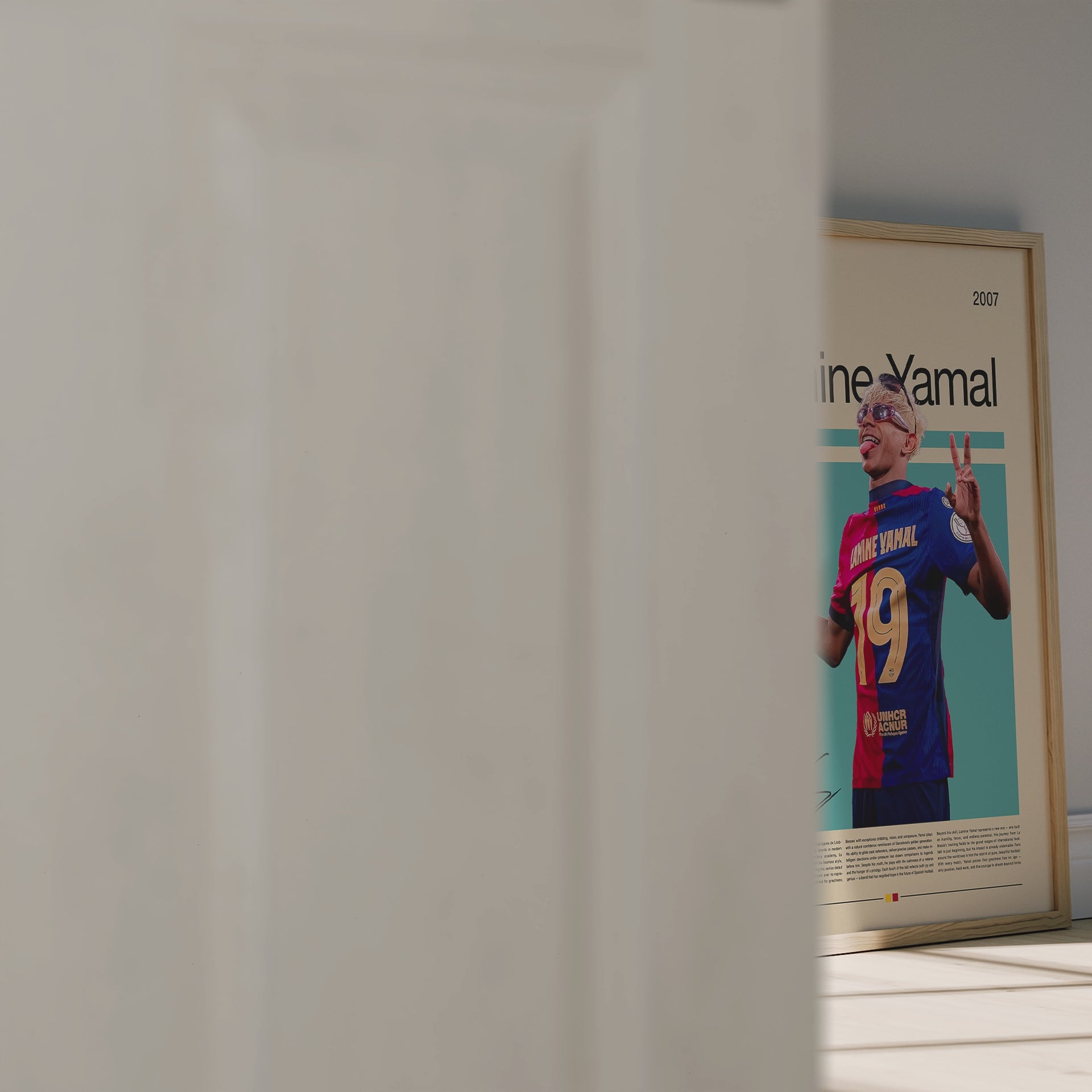 Poster of Lamine Yamal, FC Barcelona’s young football sensation, wearing the number 19 jersey. The design combines vintage tones with modern minimalism, celebrating the Spanish wonderkid’s talent, creativity, and confidence. Perfect wall art for football lovers, collectors, and sports enthusiasts worldwide.