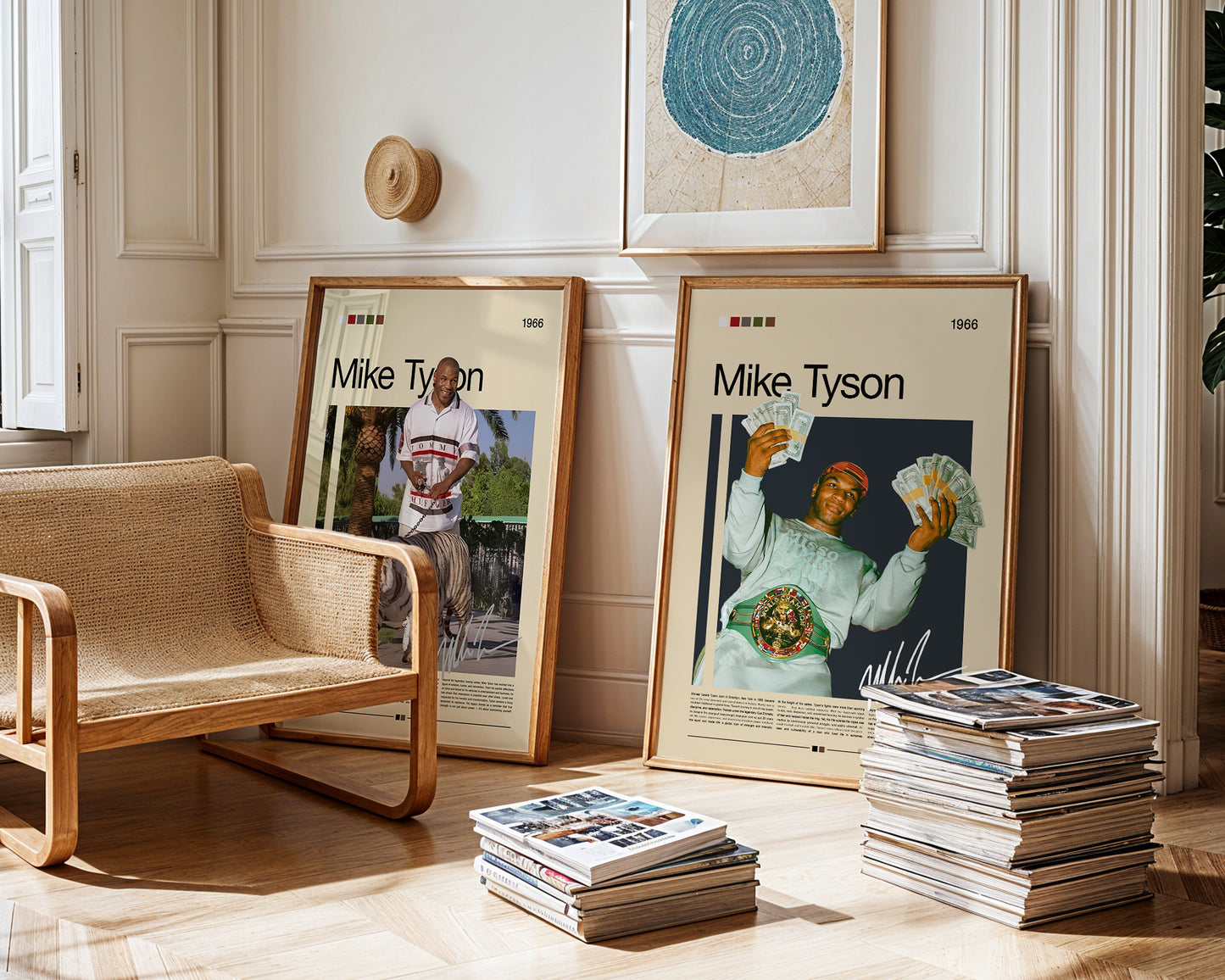 Vintage Mike Tyson poster featuring the boxer proudly holding stacks of cash while wearing his championship belt. Retro beige and dark background design inspired by 90s sports photography. Perfect for boxing fans, collectors, and motivational wall decor lovers.